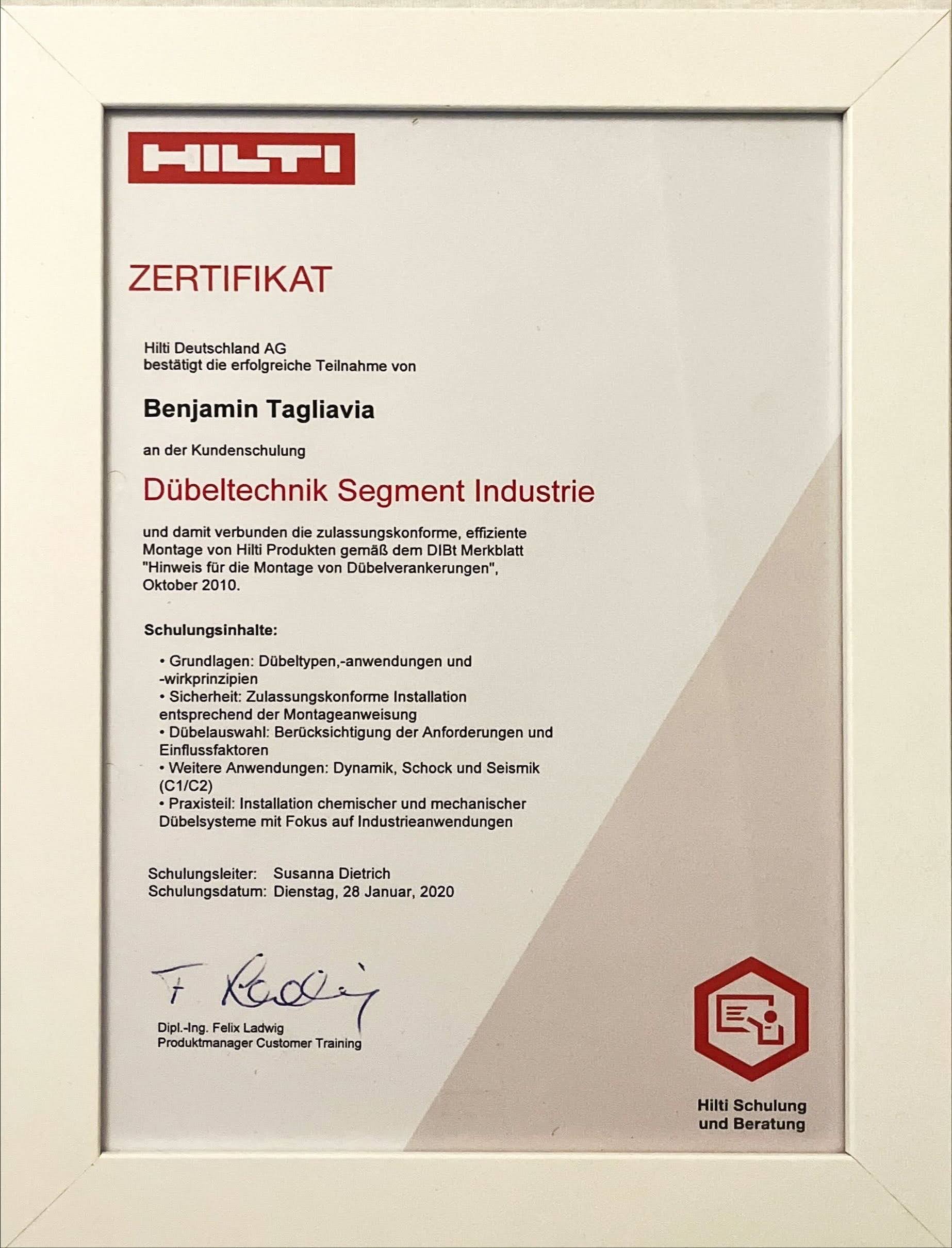 Zertifikat Dübeltechnik Industrie
