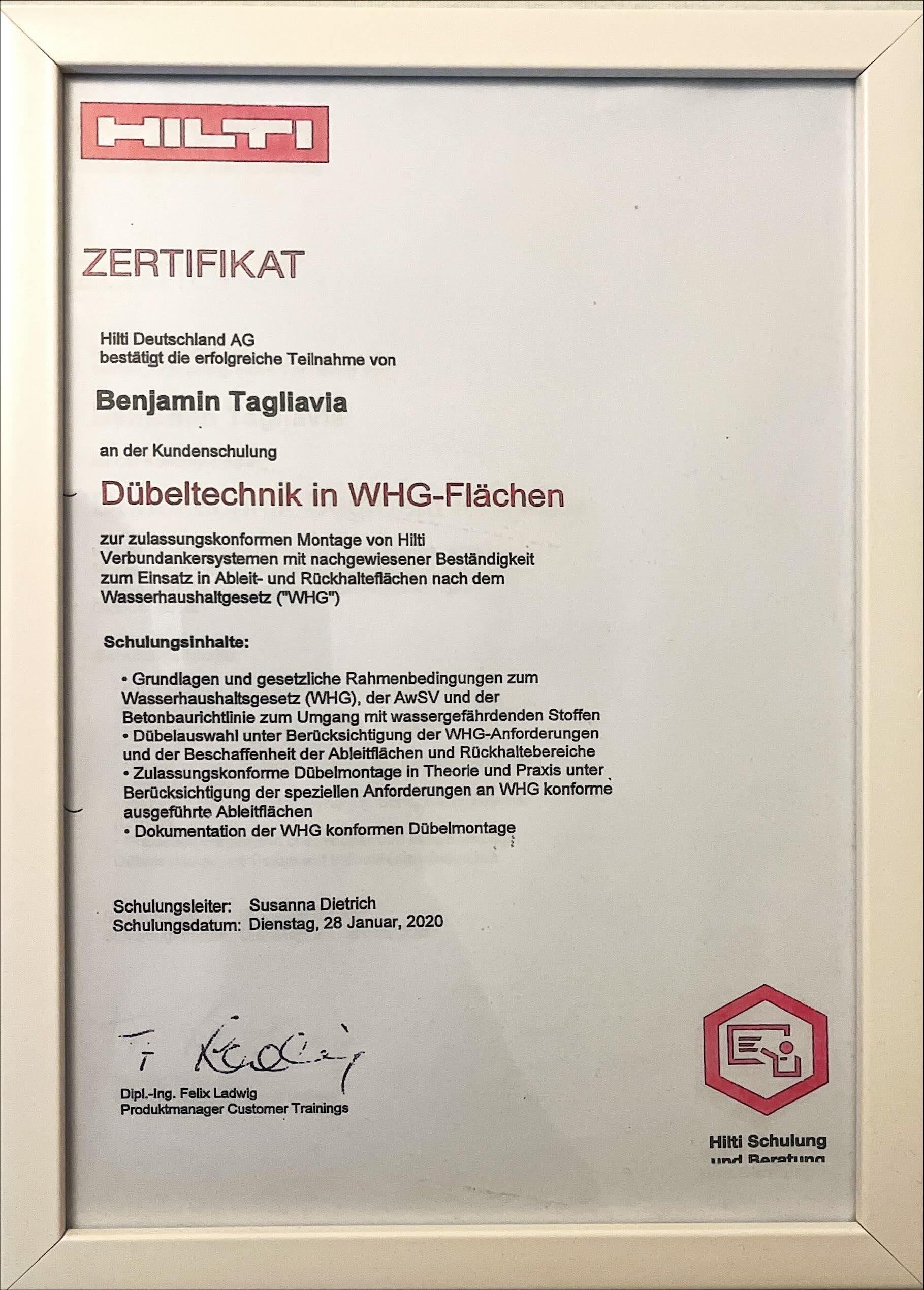 Zertifikat Dübeltechnik WHG