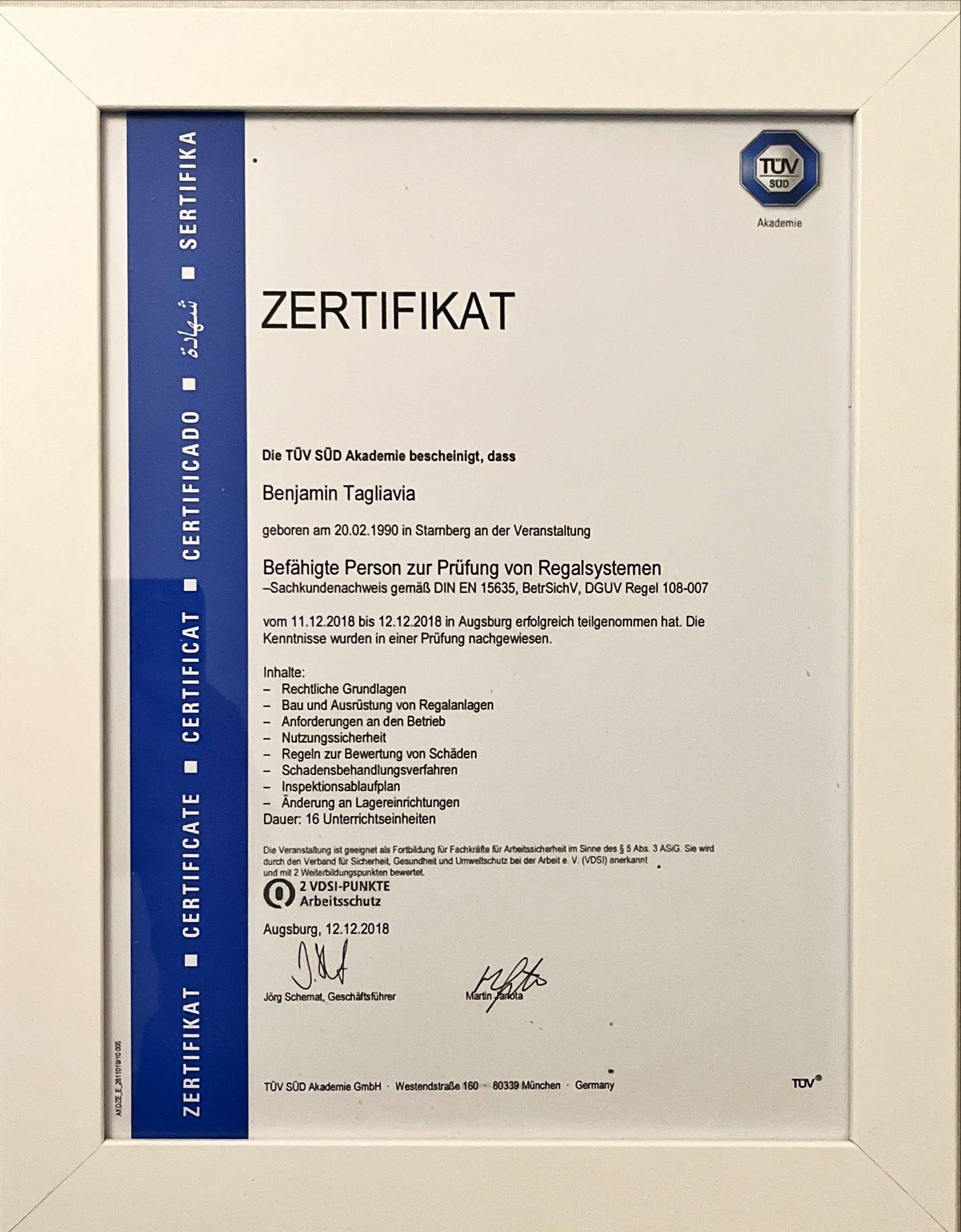 Zertifikat Befähigte Person Regalprüfung